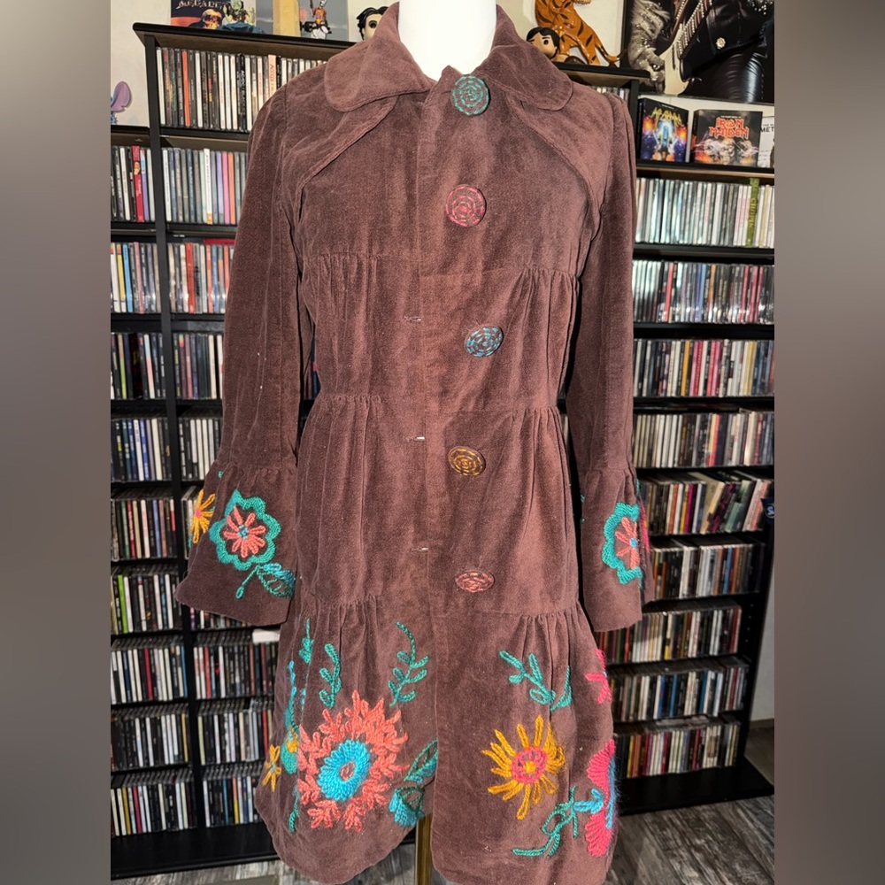 Judith March Brown Long Sleeve Tiered Dress with Multicolor Floral Embroidery